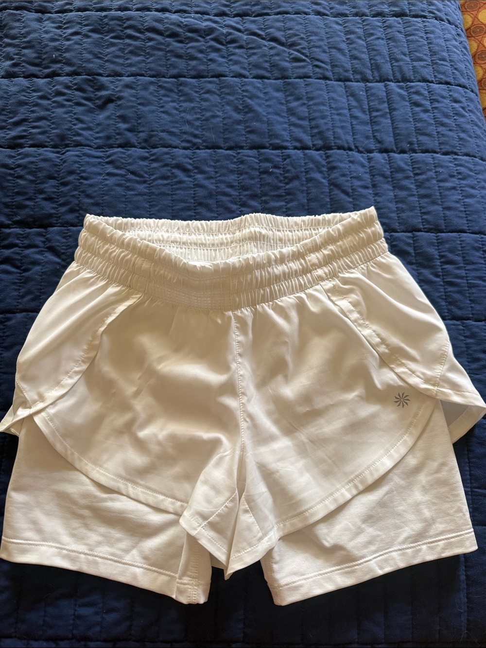 Athleta White Double-Layer Athletic Shorts with Smocked Waistband